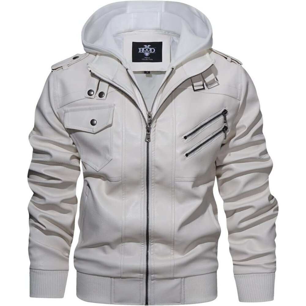 🆕Mens White HOOD CREW Faux Leather Motorcycle Bomber Jacket Removable Hood